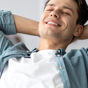 2026-03-28 Young man relaxing hands behind head, Embracing Contentment - DL Flyer